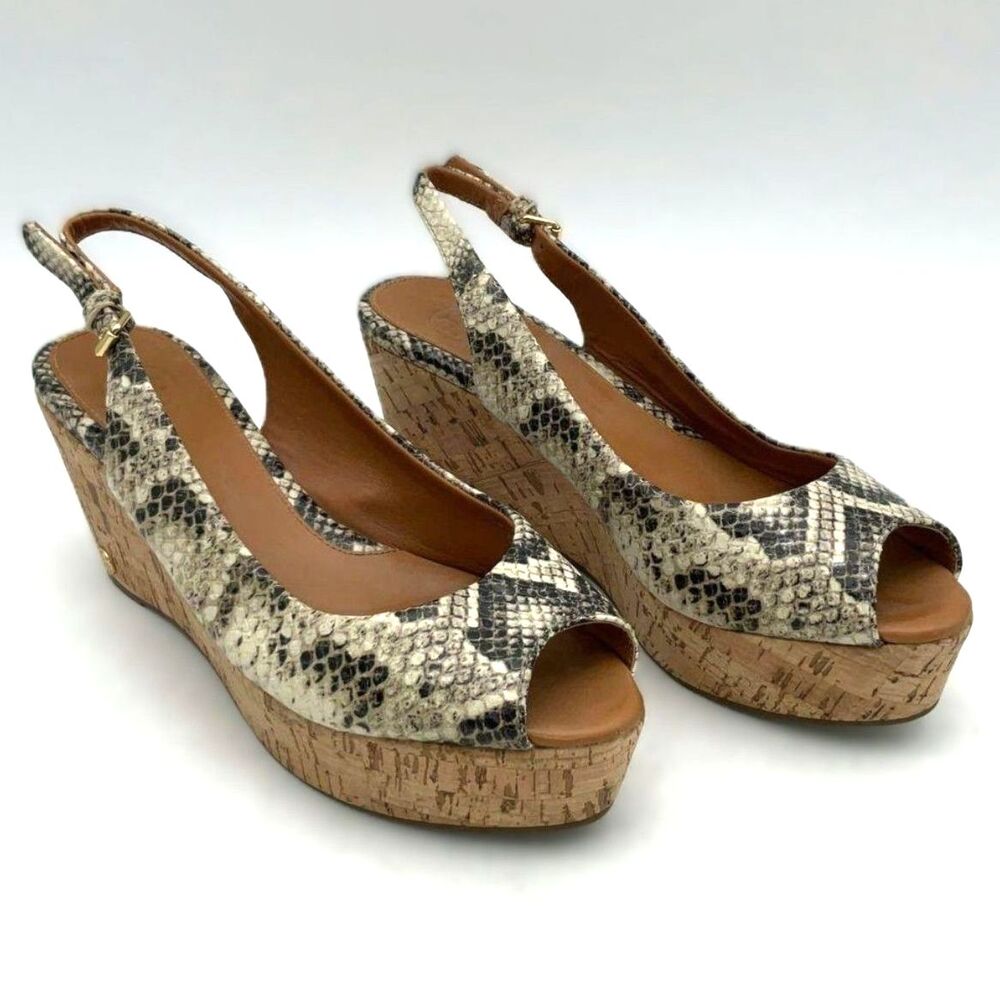 Tory Burch Rosalind Snakeskin Cork Platform Wedge Sandals 8.5 Peep Toe Slingback
